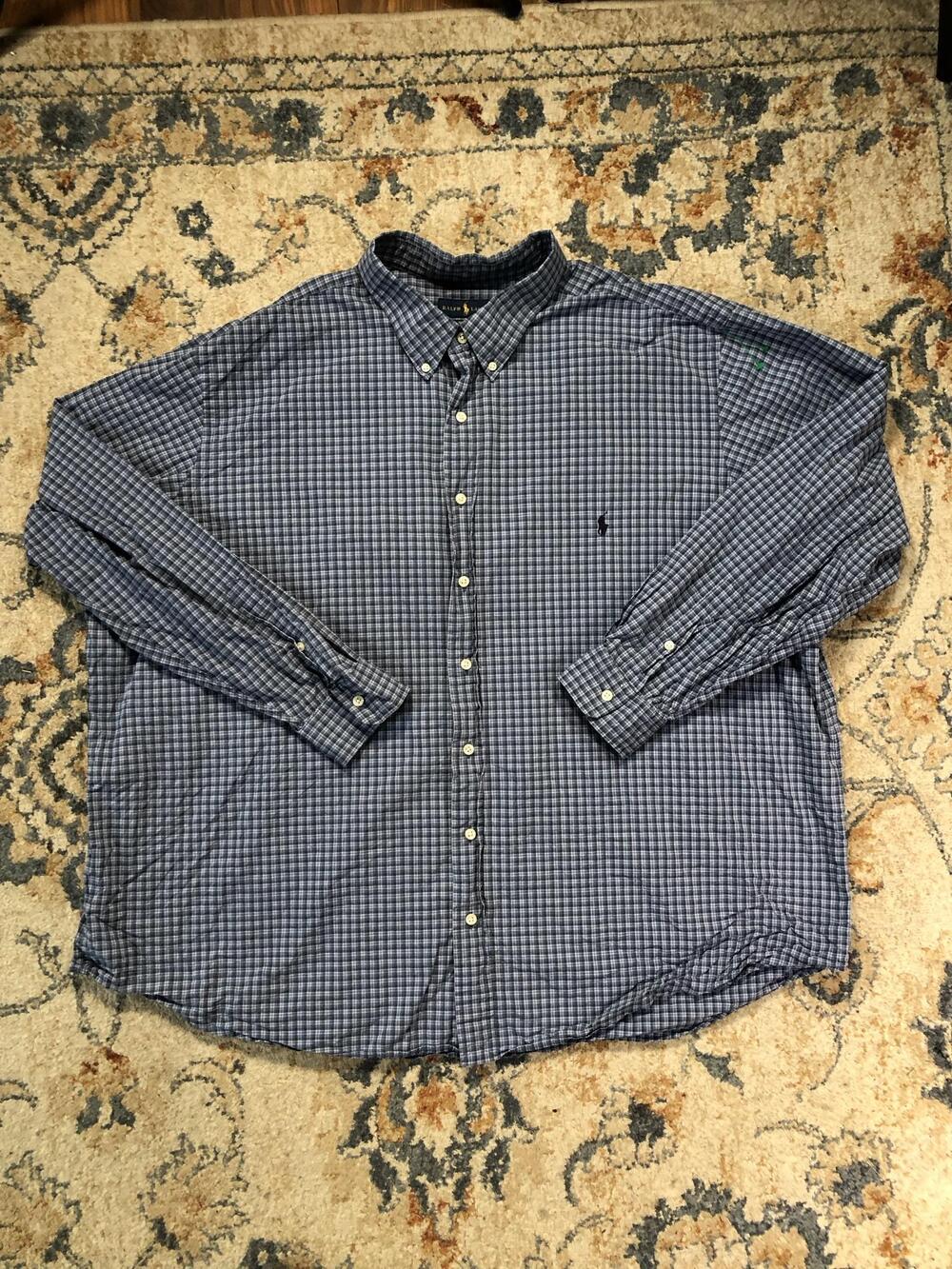 Ralph Lauren Shirt Mens Big 3X Blue Check Long Sleeve Button Down Pony Logo
